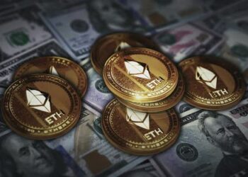 VideoHive Ethereum ETH cryptocurrency coin over Dollar banknotes 43414059