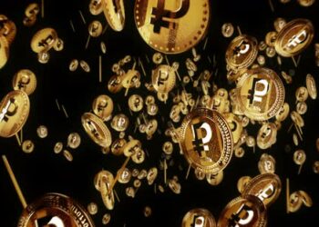 VideoHive Crypto Ruble RUB cryptocurrency flying between golden coins loop 47610160
