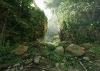 VideoHive A Winding Forest Road Surrounded By Rocky Terrain 47592731
