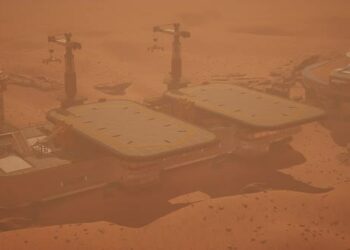 VideoHive Futuristic Spaceship Landed on Mars Base 47592604