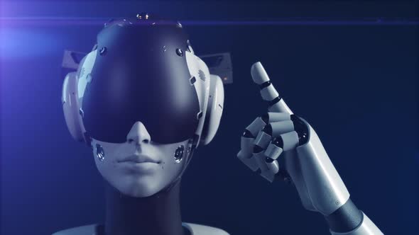 VideoHive portrait of a robot, the robot makes a hand gesture indicating the importance of information 47550783